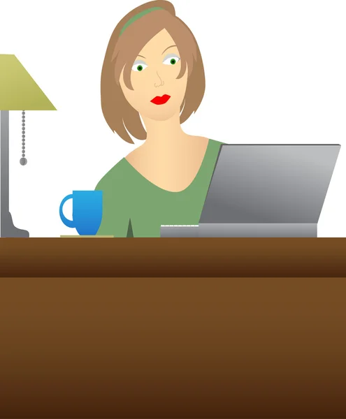 Žena sedí u stolu při pohledu na notebook — Stockový vektor