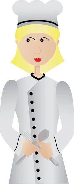 Chef femenino feliz sosteniendo tenedor y cuchara — Vector de stock