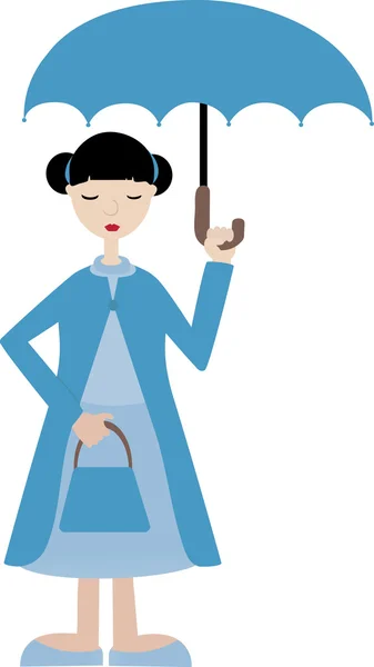 Şemsiye tutan mavi elbiseli kız — Stok Vektör