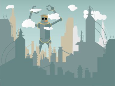 Giant Robot attacking city clipart