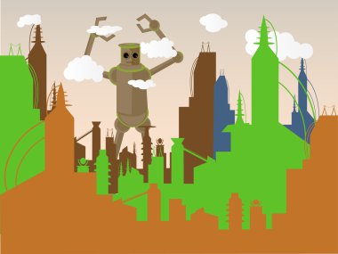 Giant Robot attacking city retro shades clipart