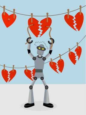 Robot repairing strings of broken hearts clipart