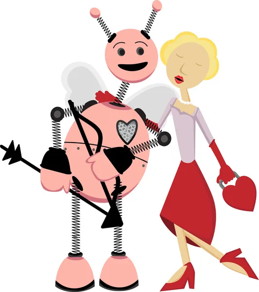 Cupido robot ricevere bacio da donna — Vettoriale Stock