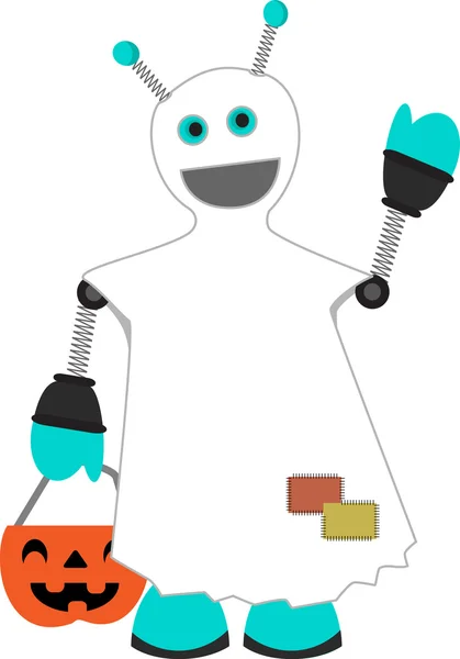 Robota, oblečený jako přízrak drží dýně w — Stockový vektor