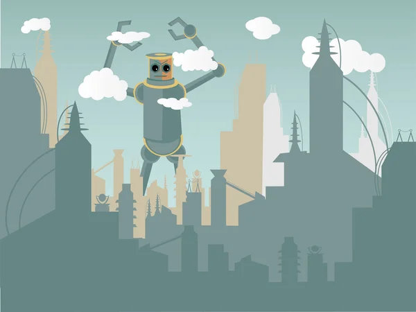Gigantische robot aanvallende stad — Stockvector