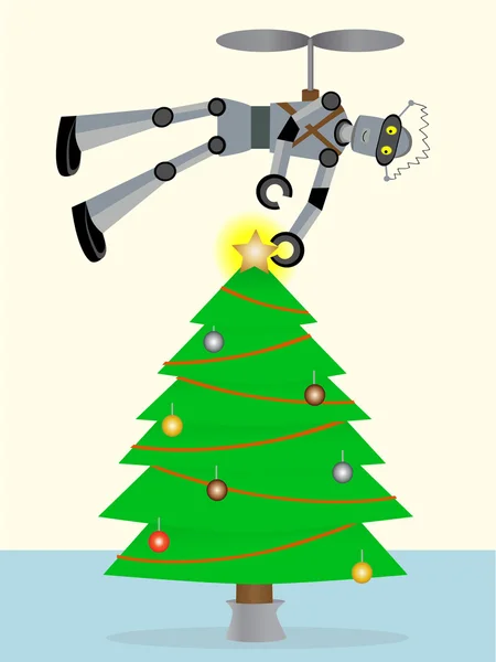Robot putting star on top of tree using — Stock Vector