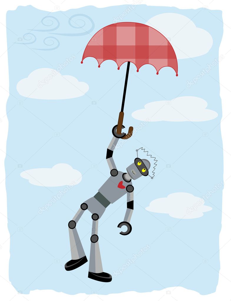 Robot hanging from floating umbrella