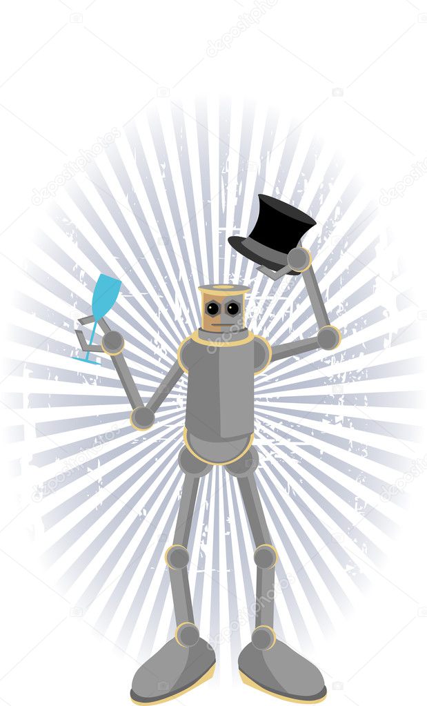 Robot holding drink and hat with rays