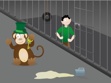 Man Locked in Cage by Drunk Monkey on St clipart