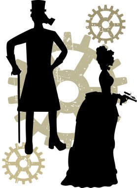 Silhouettes of Steampunk Victorians grun clipart