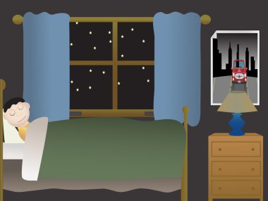 Boy sleeping in bedroom at night near la clipart