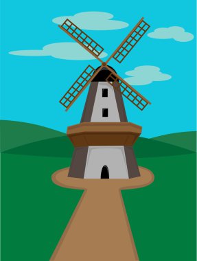 Windmill surrounded by green valleys on clipart