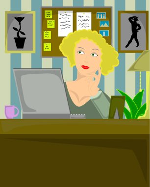 Blond female sitting in home office clipart