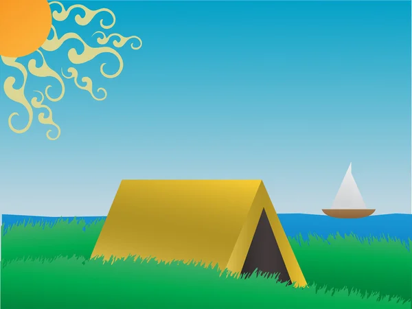 Camping på en gräsbevuxen kulle nära sjön dayti — Stock vektor