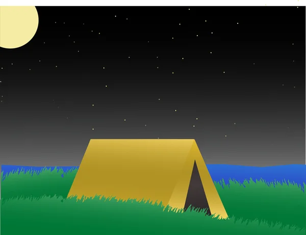 Camping On A Grassy Hill Near Lake Night — Stock Vector
