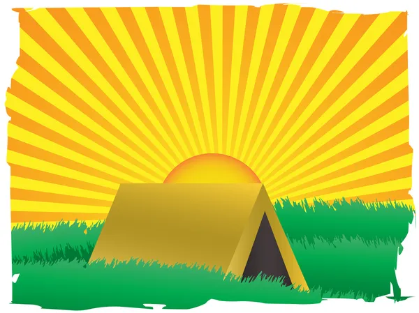 Gloeiende zonstijging over camping tent — Stockvector