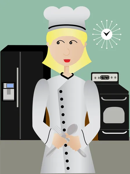 Chef feminino na cozinha segurando garfo e — Vetor de Stock