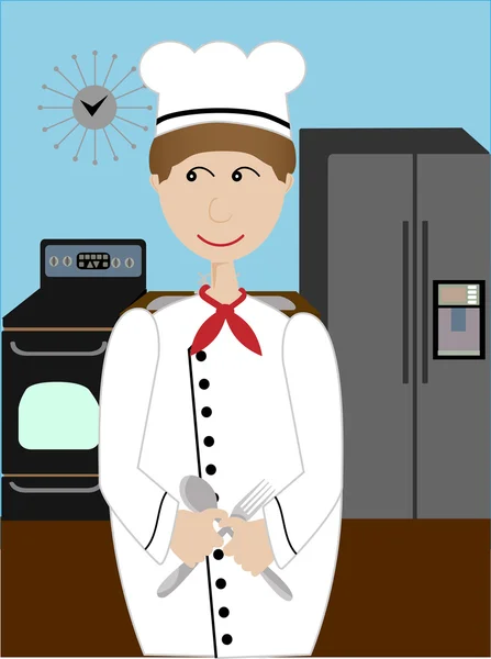 Chef masculino de pé na cozinha — Vetor de Stock