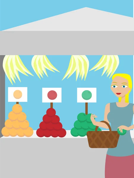 Femme achetant des fruits à un stand — Image vectorielle