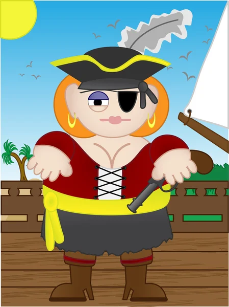 Piratin steht auf Boot — Stockvektor