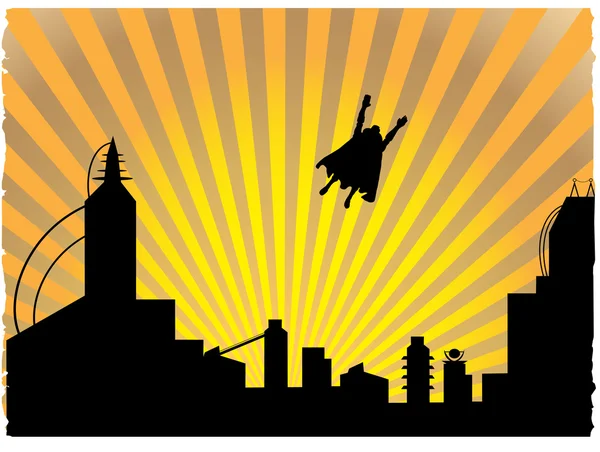 Silhouetted superhero flying off into th — Stock Vector
