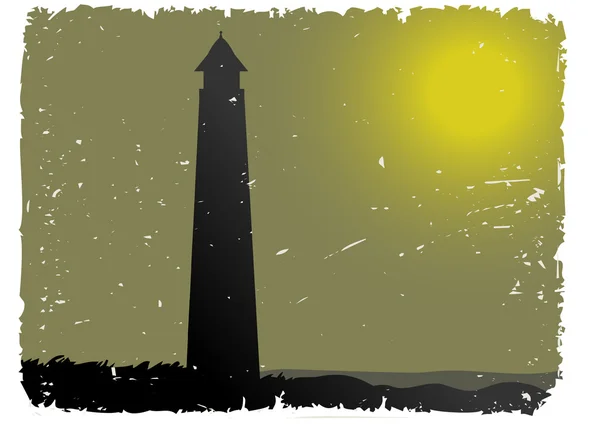Grunge Foggy Night Lighthouse by ocean — Stock Vector
