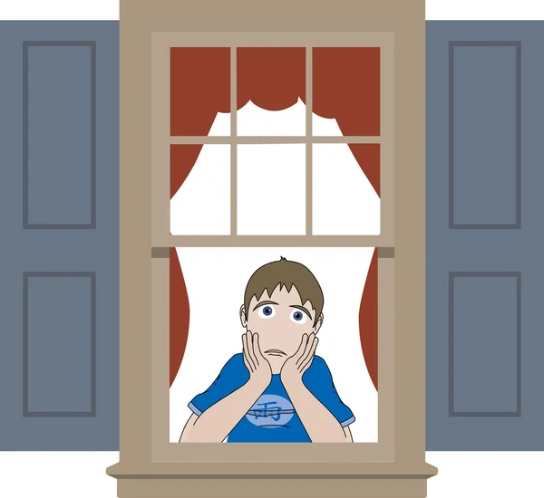 Sad boy leaning in window sill — Stock Vector