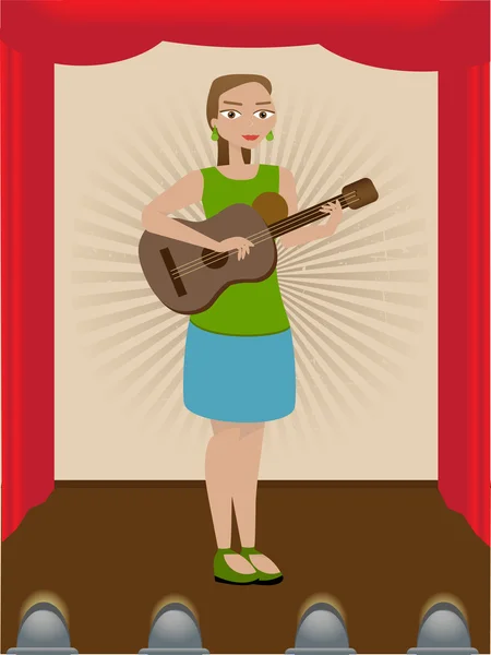 Chica tocando la guitarra en el escenario — Vector de stock