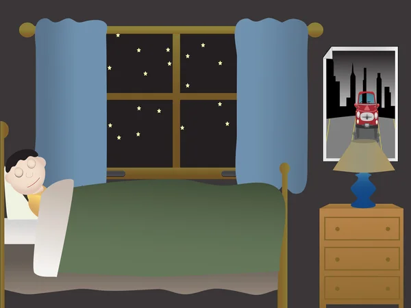 Pojken sover i sovrummet på natten nära la — Stock vektor