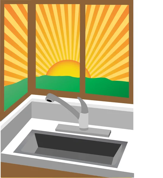 Soluppgången genom hörn fönster nära diskbänk — Stock vektor