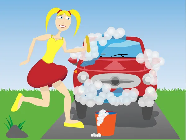 Vrouw wassen auto — Stockvector