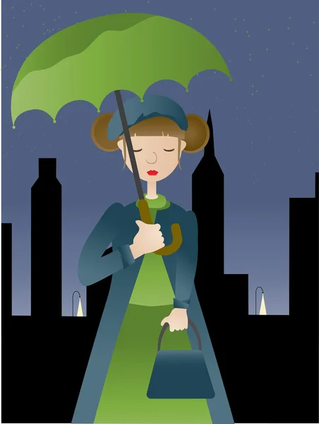 Girl holding umbrella at night VECTOR — Stock Vector