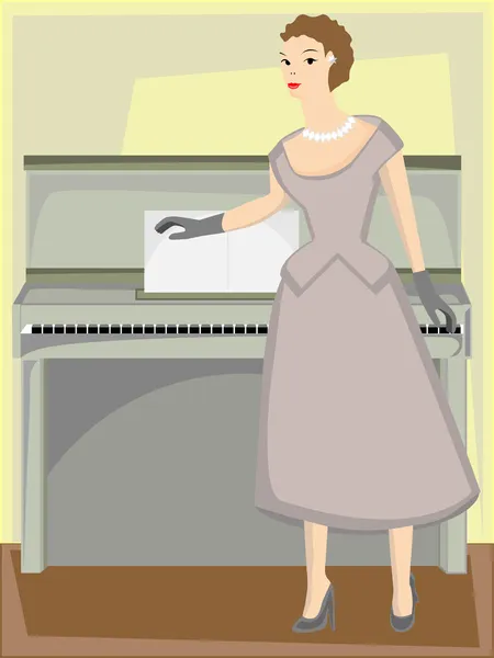 Woman standing by piano in formal gown — Stock Vector