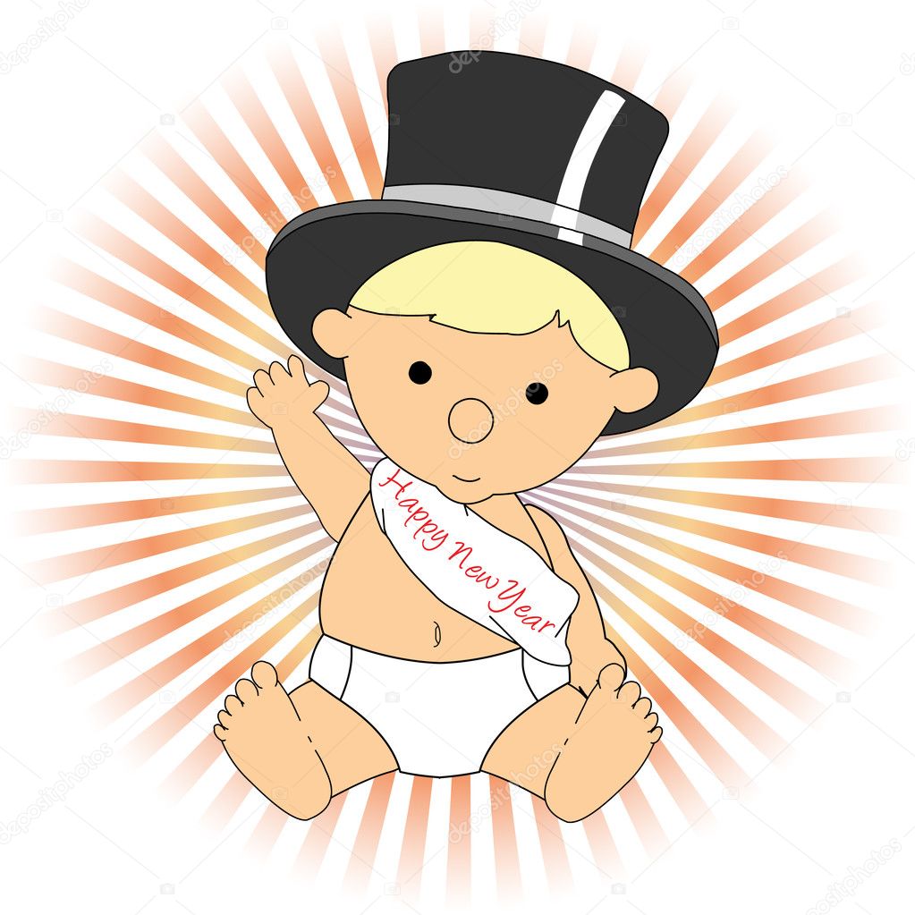 Baby New Year wearing hat sash waving ad