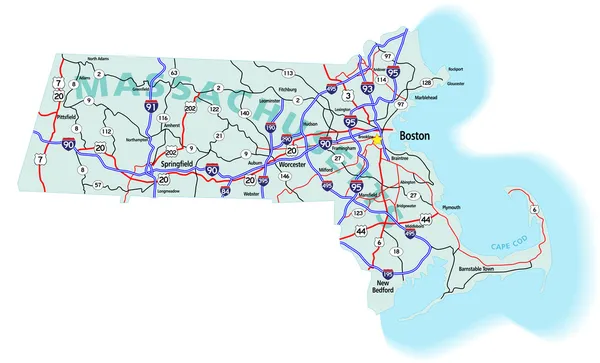 Межштатная карта штата Массачусетс — стоковый вектор