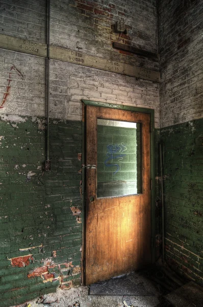 Dřevěné dveře a zelená zeď — Stock fotografie