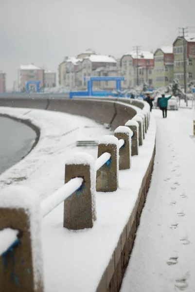 Biancaneve neve copriva il guardrail sul mare — Foto Stock