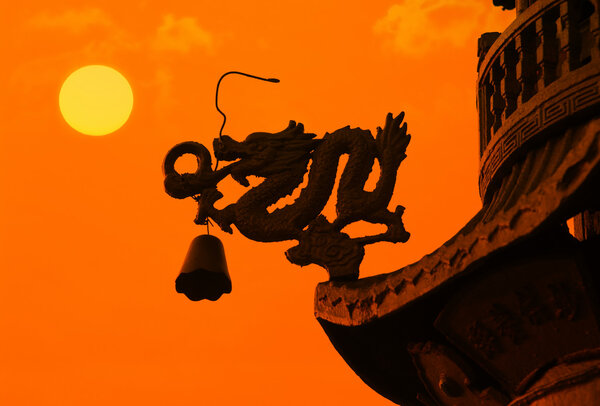 Chinese dragon roof with sunset