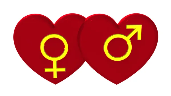 Male and female sex symbols with hearts — Stock Photo, Image