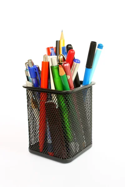 Pencil cup full of colorful used pens — Stock Photo, Image