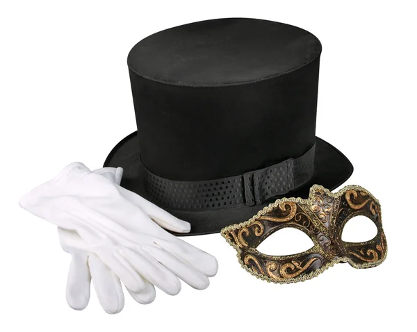 Sombrero de seda, máscara y guantes — Foto de Stock