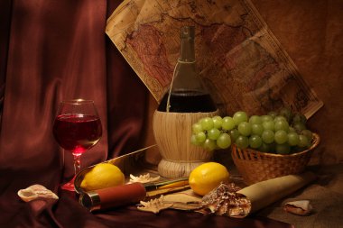 Wine, fruits and old maps clipart