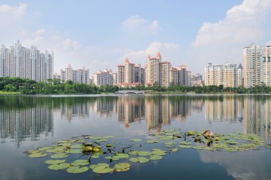 The luxury apartment building by the water lily lake side park. clipart