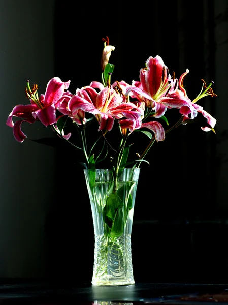 Fiori di giglio alstroemeria rosa in vaso di vetro . — Foto Stock