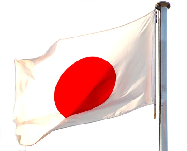 Флаг Японии с флагштоком, размахивающим на ветру на белом фоне — стоковое фото