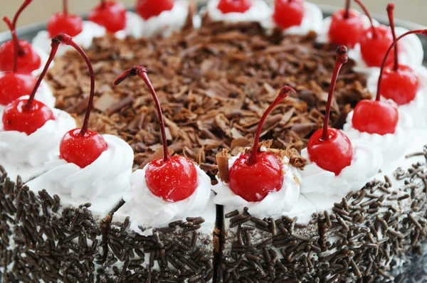 stock image The custard cake with luscious red cherries and chocolate dressing in a cafeteria.