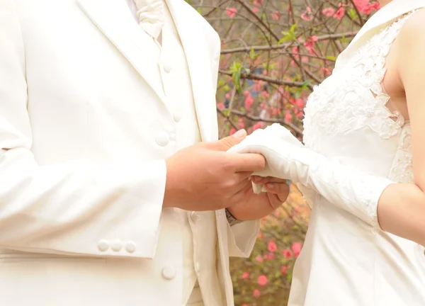 年轻夫妇手拉婚礼中 — 图库照片