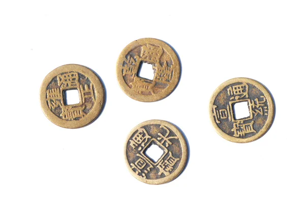 As moedas redondas de bronze antigas chinesas com buraco quadrado — Fotografia de Stock