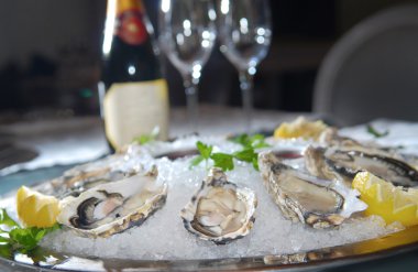 Oysters in ice with a lemon and wine clipart