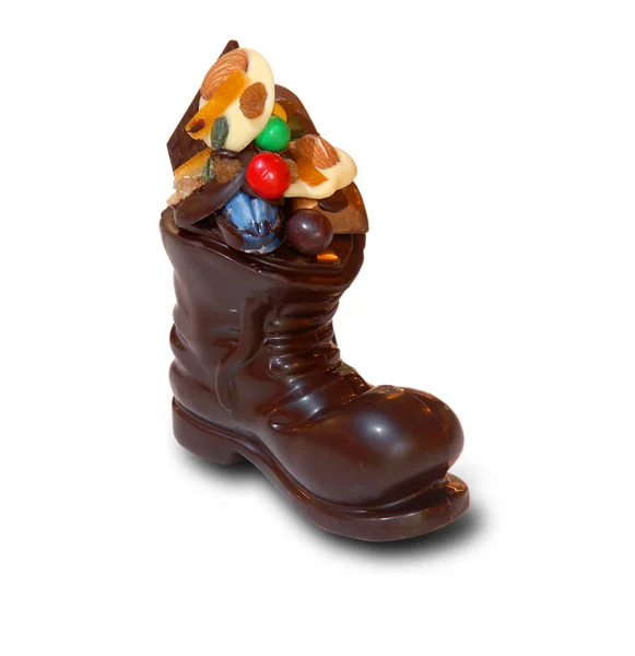 Christmas chocolate boot with gifts — Stock Photo, Image